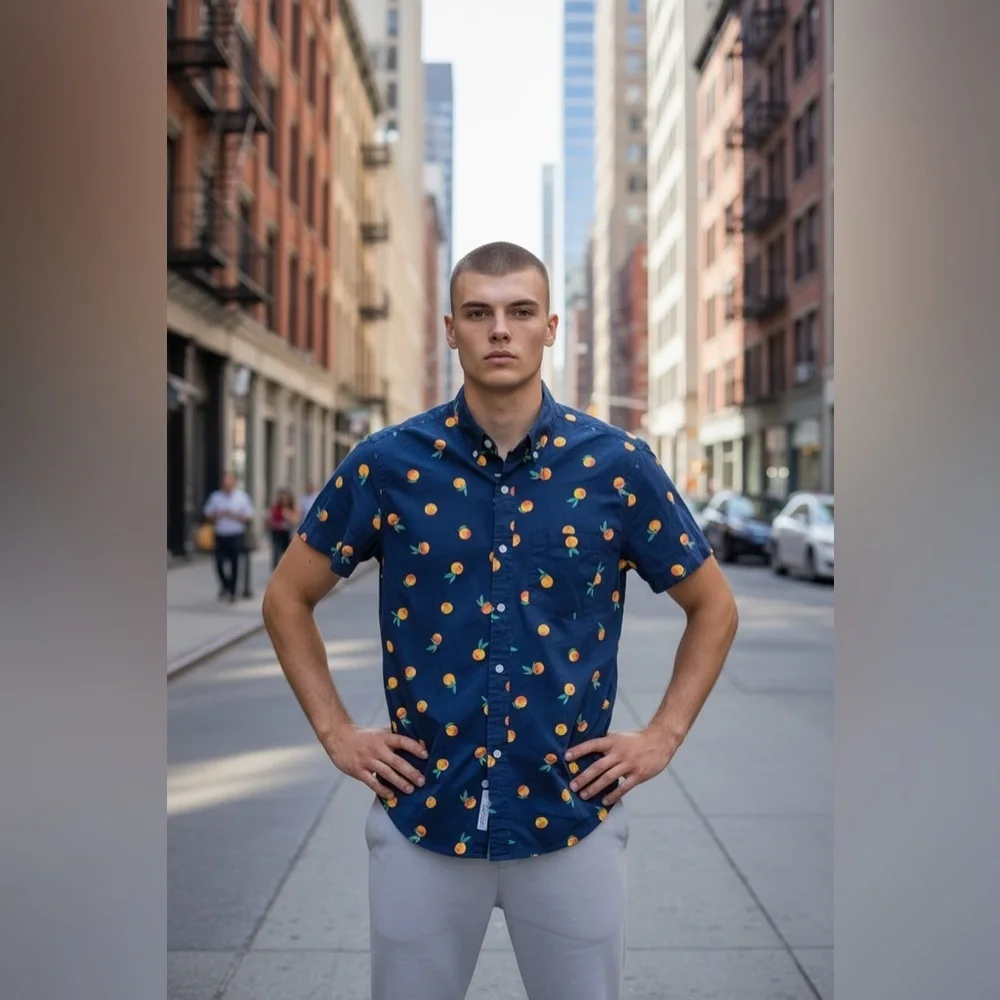 J. Crew Slim Fit Short Sleeve Navy Oranges Novelty all over, size Small
